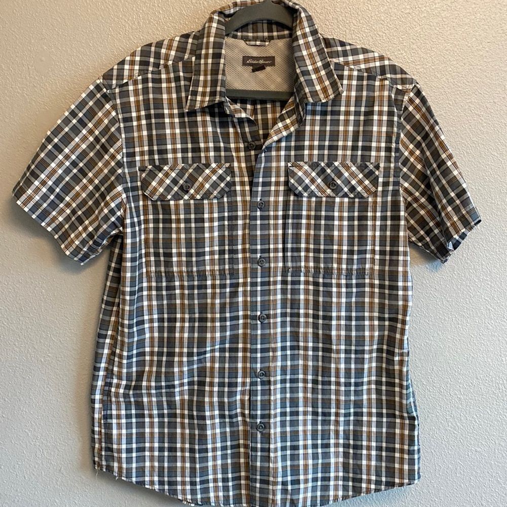 Eddie Bauer- mens plaid shirt sleeve button up- grey/brown- Size medium